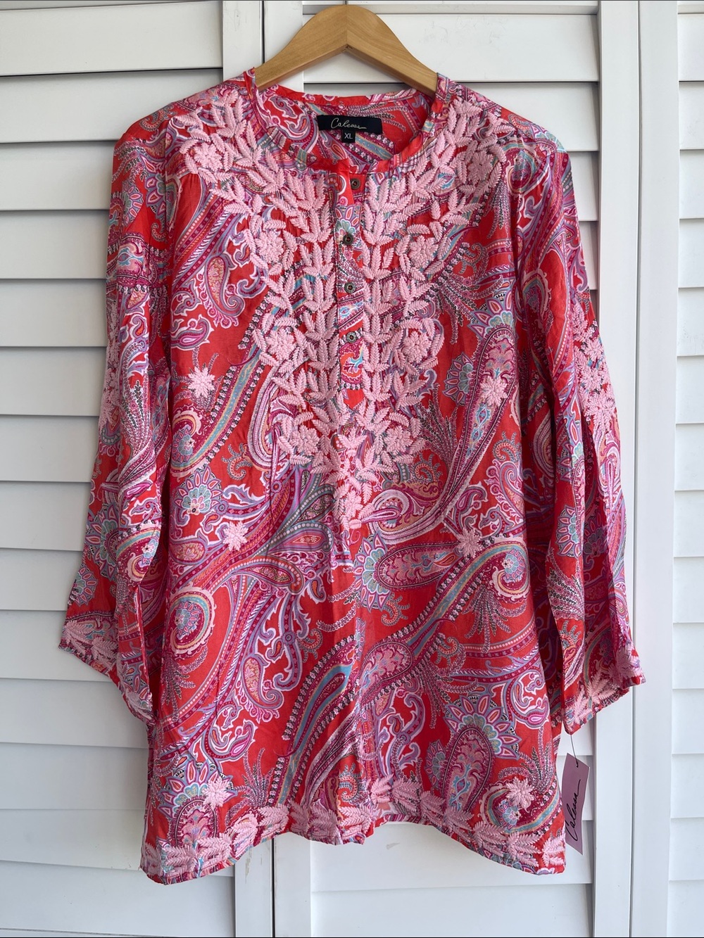 Celessa top Vibrant Pink Paisley Women's Tunic with Embroidered Neckline Size:XL
